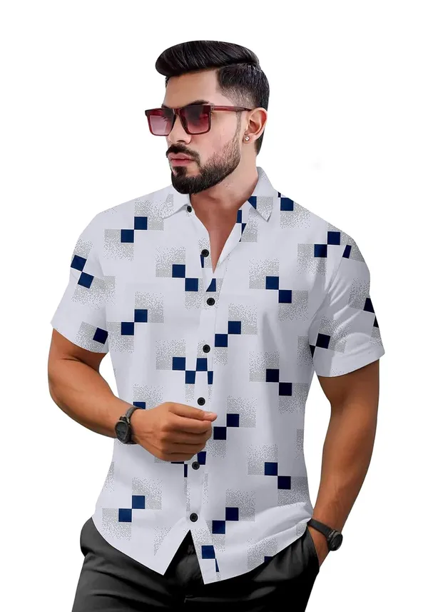 White_Modern_Short_Sleeve_Button_Down_Shirt,_White_With_Navy_Blue_Geometric_Pattern
