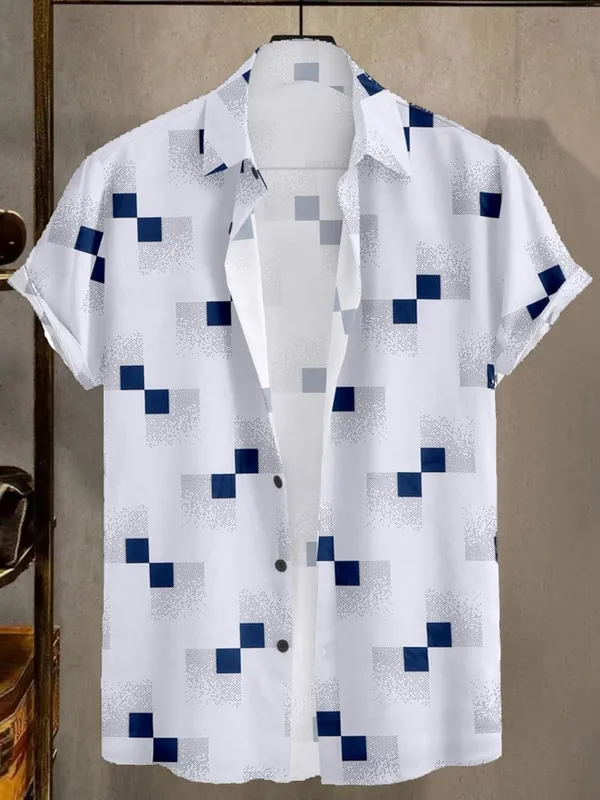 White_Modern_Short_Sleeve_Button_Down_Shirt,_White_With_Navy_Blue_Geometric_Pattern