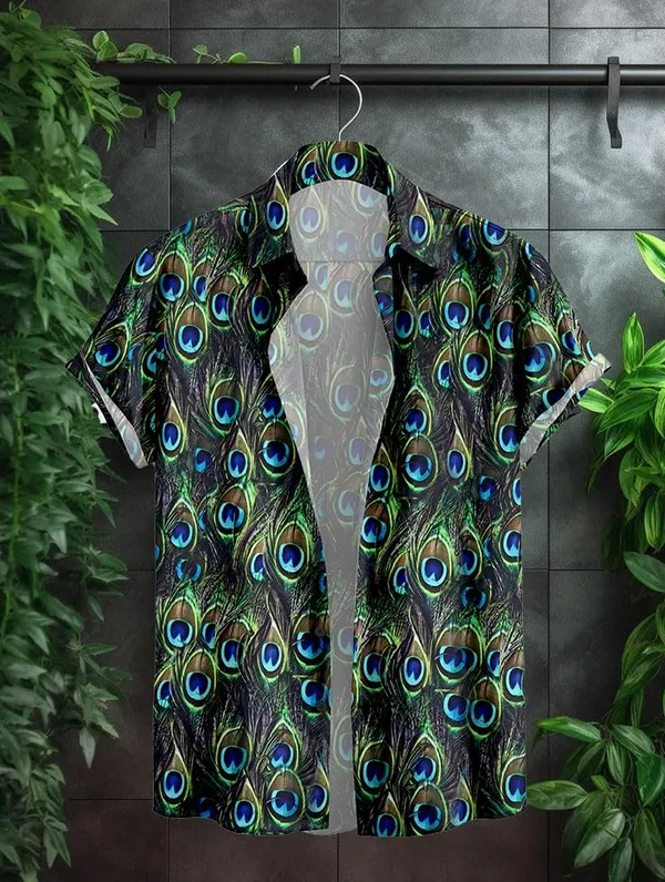 Multicolour_Peacock_Feather_Print_Short_Sleeve_Button_Down_Shirt,_Hawaiian_Style,_Black_And_Green