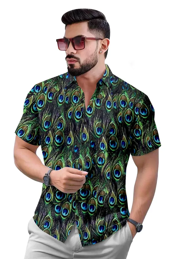Multicolour_Peacock_Feather_Print_Short_Sleeve_Button_Down_Shirt,_Hawaiian_Style,_Black_And_Green