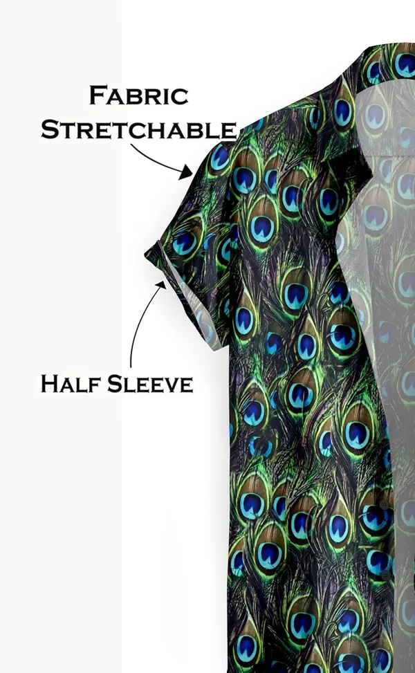 Multicolour_Peacock_Feather_Print_Short_Sleeve_Button_Down_Shirt,_Hawaiian_Style,_Black_And_Green