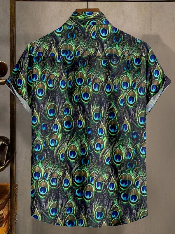 Multicolour_Peacock_Feather_Print_Button-Down_Shirt,_Vibrant_Blue_And_Green_Pattern