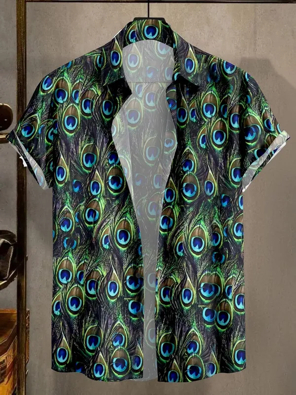 Multicolour_Peacock_Feather_Print_Button-Down_Shirt,_Vibrant_Blue_And_Green_Pattern