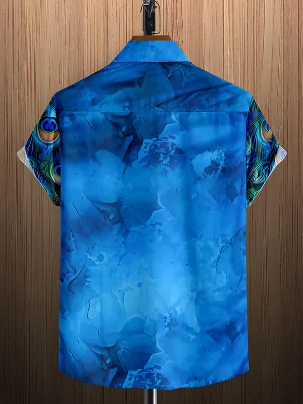 Multicolour_Peacock_Feather_Print_Hawaiian_Shirt,_Blue_And_White,_Short_Sleeve_Button_Down