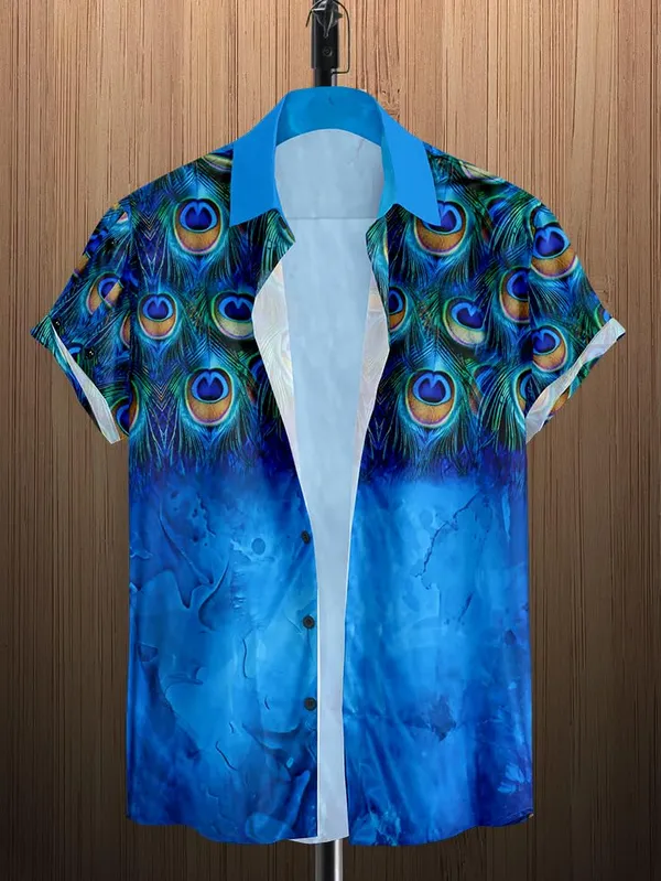 Multicolour_Peacock_Feather_Print_Hawaiian_Shirt,_Blue_And_White,_Short_Sleeve_Button_Down