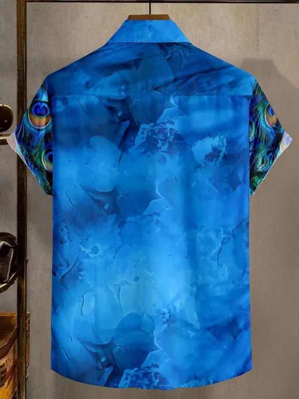 Multicolour_Peacock_Feather_Print_Dress_Shirt,_Blue_And_White,_Short_Sleeve