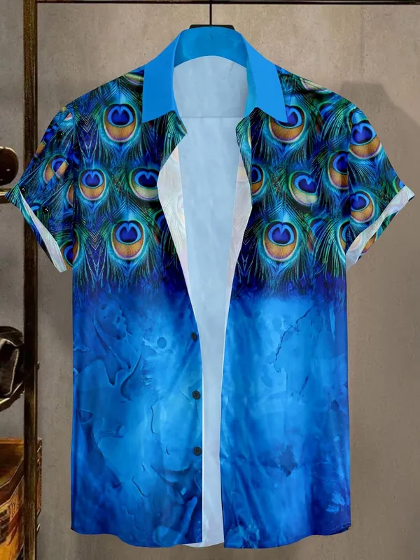 Multicolour_Peacock_Feather_Print_Dress_Shirt,_Blue_And_White,_Short_Sleeve