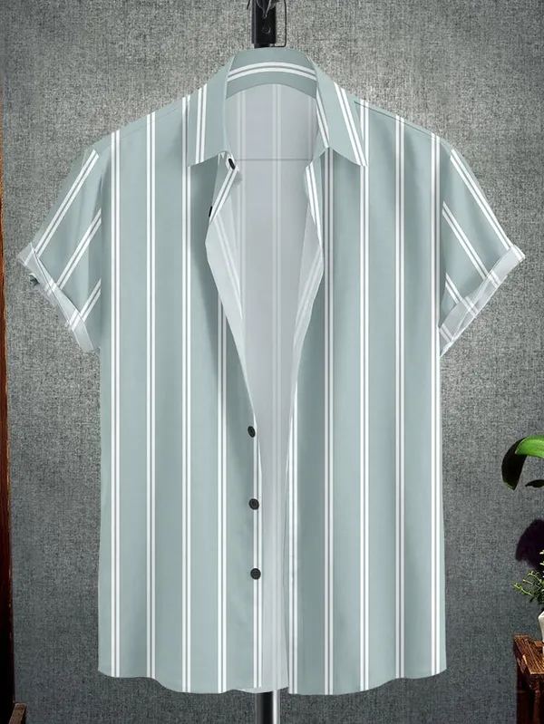 Green_Vertical_Striped_Short_Sleeve_Shirt,_Casual_Button-Down