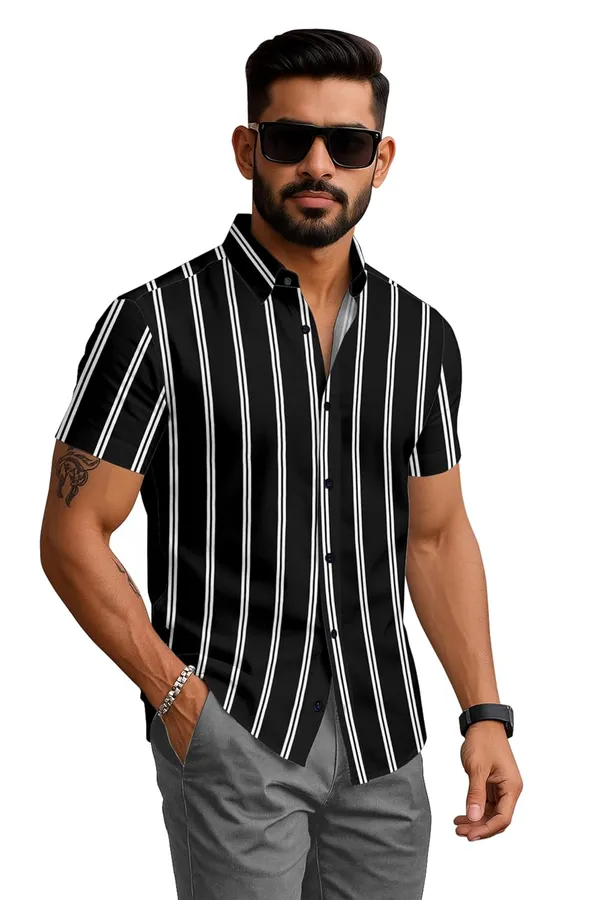 Black_Vertical_Striped_Short_Sleeve_Button_Down_Shirt,_Casual_Style