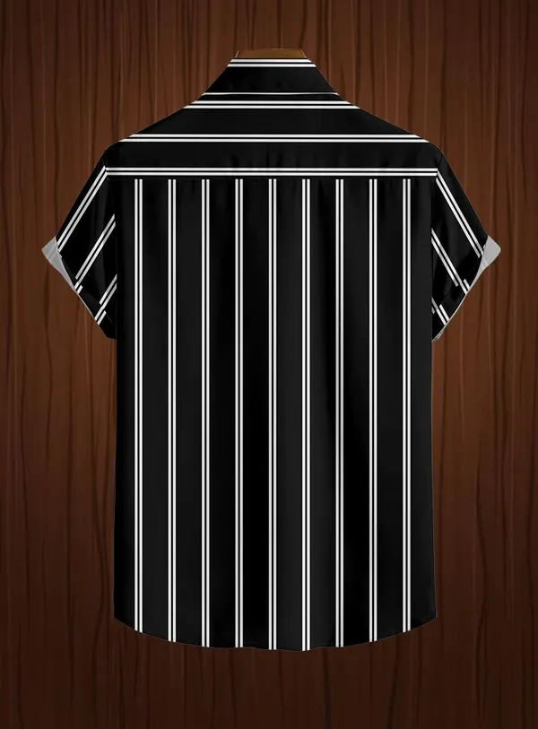 Black_Vertical_Striped_Short_Sleeve_Button_Down_Shirt,_Casual_Style