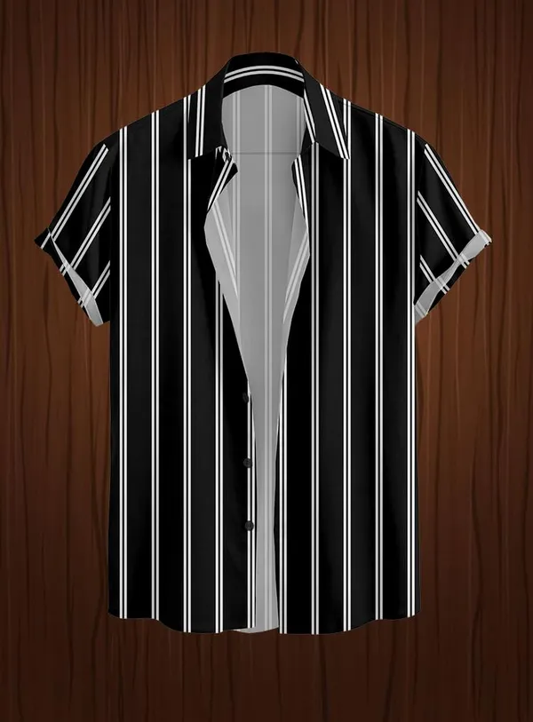 Black_Vertical_Striped_Short_Sleeve_Button_Down_Shirt,_Casual_Style