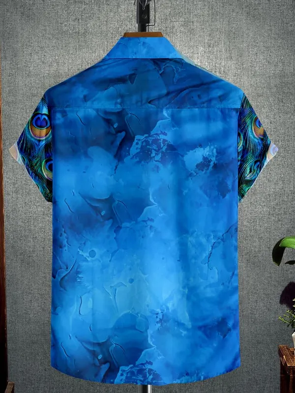 Multicolour_Peacock_Feather_Print_Button-Down_Shirt,_Blue_Ombre_Design,_Short_Sleeves