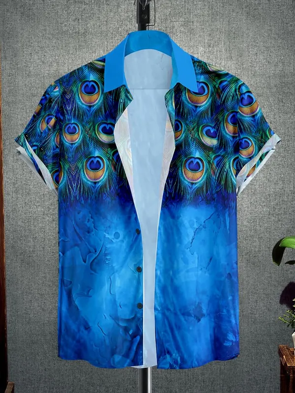Multicolour_Peacock_Feather_Print_Button-Down_Shirt,_Blue_Ombre_Design,_Short_Sleeves