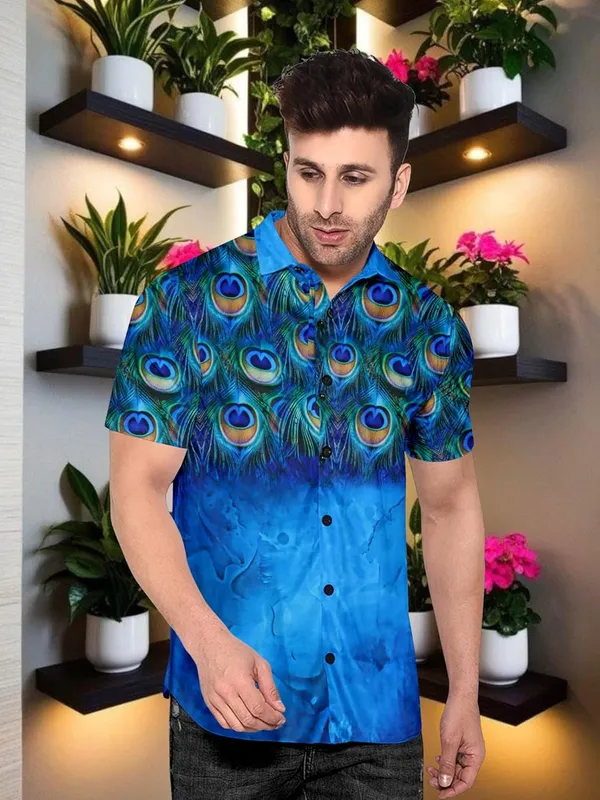 Multicolour_Peacock_Feather_Print_Button-Down_Shirt,_Blue_Ombre_Design,_Short_Sleeves