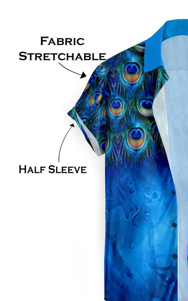 Multicolour_Peacock_Feather_Print_Button-Down_Shirt,_Blue_Ombre_Design,_Short_Sleeves