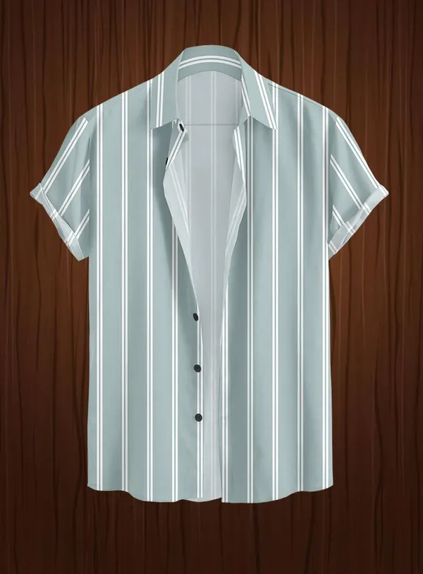 Green_Vertical_Striped_Short_Sleeve_Button_Down_Shirt,_Casual_Style