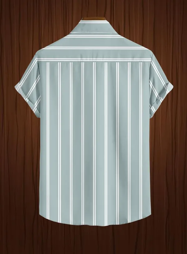Green_Vertical_Striped_Short_Sleeve_Button_Down_Shirt,_Casual_Style