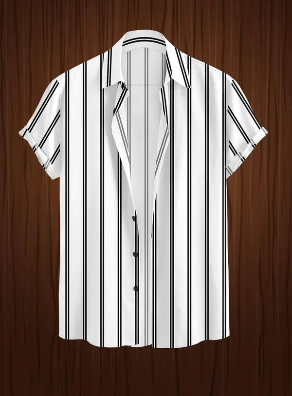 White_Vertical_Striped_Short_Sleeve_Button_Down_Shirt,_Casual_Style