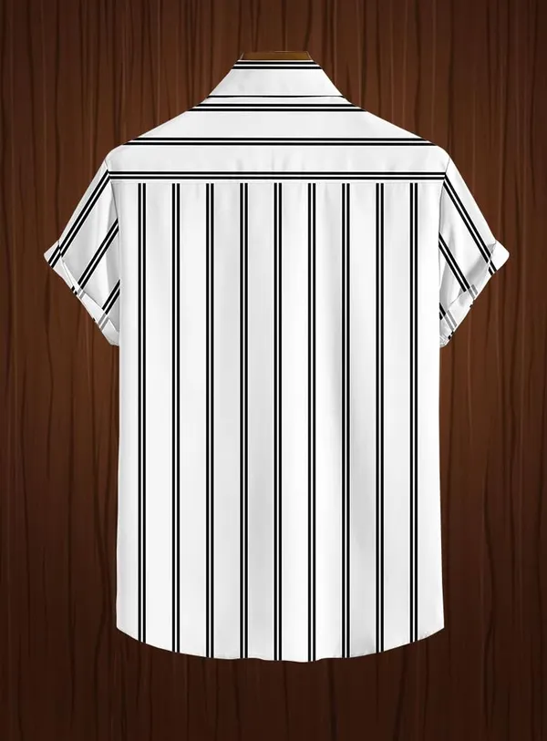 White_Vertical_Striped_Short_Sleeve_Button_Down_Shirt,_Casual_Style