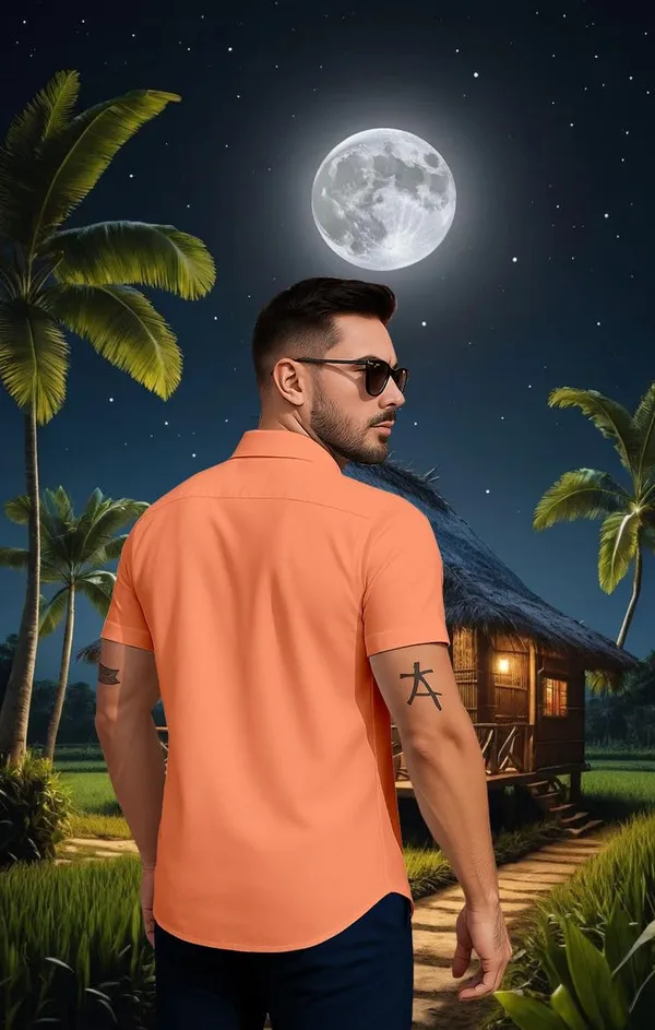Orenge_Tropical_Paradise_Hawaiian_Button_Down_Shirt,_Short_Sleeve,_Light_Blue_With_Palm_Tree_Print,_Beach_Night_Design
