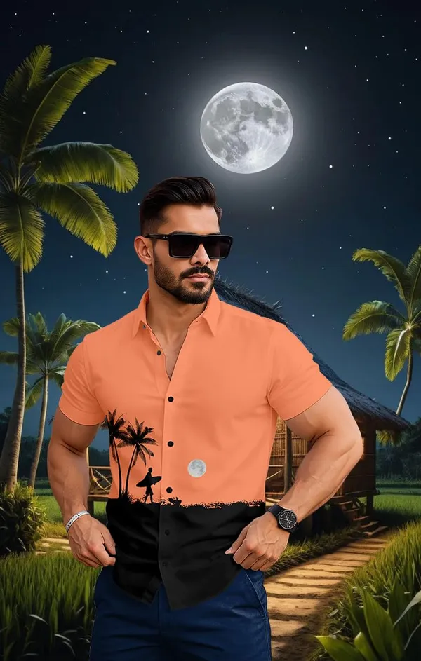 Orenge_Tropical_Paradise_Hawaiian_Button_Down_Shirt,_Short_Sleeve,_Light_Blue_With_Palm_Tree_Print,_Beach_Night_Design