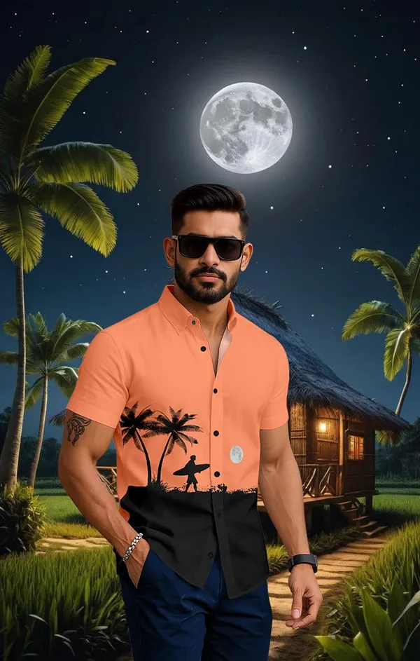 Orenge_Tropical_Paradise_Hawaiian_Button_Down_Shirt,_Short_Sleeve,_Light_Blue_With_Palm_Tree_Print,_Beach_Night_Design