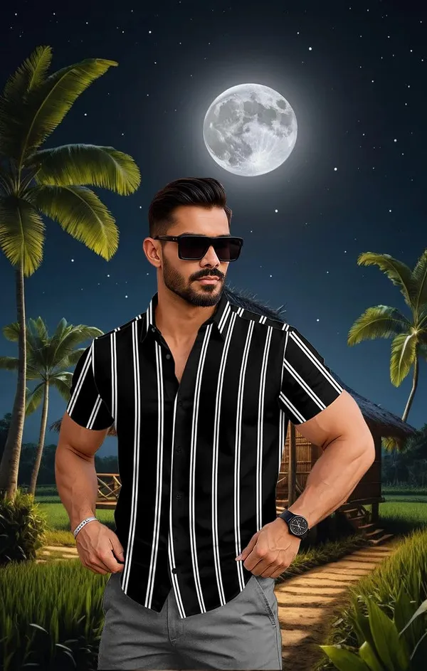 Black_Striped_Short_Sleeve_Button_Down_Shirt,_Casual_Beach_Style