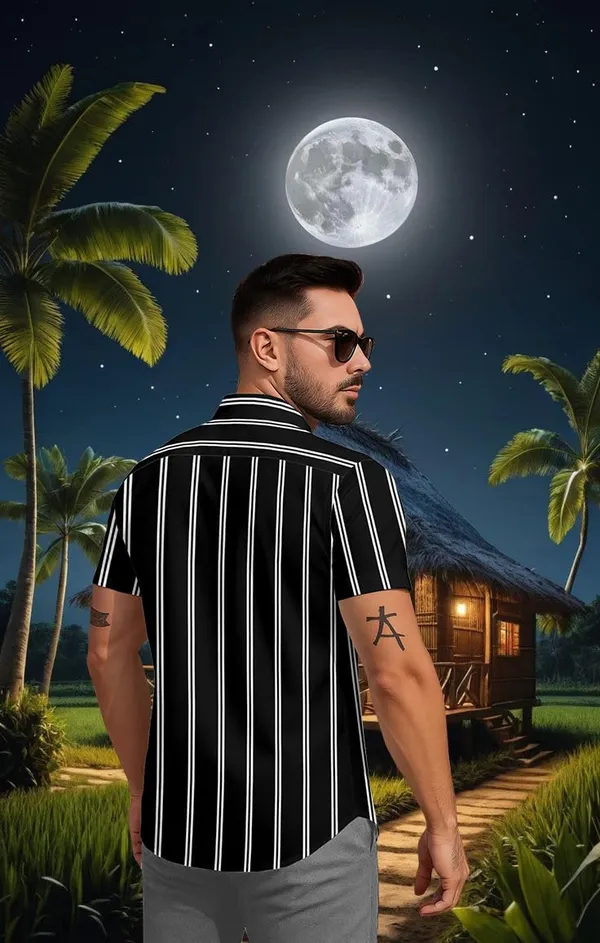 Black_Striped_Short_Sleeve_Button_Down_Shirt,_Casual_Beach_Style