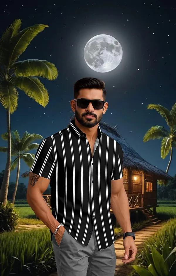 Black_Striped_Short_Sleeve_Button_Down_Shirt,_Casual_Beach_Style