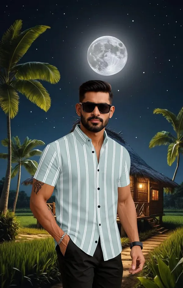 Green_Striped_Short_Sleeve_Button_Down_Shirt,_Casual_Beach_Style