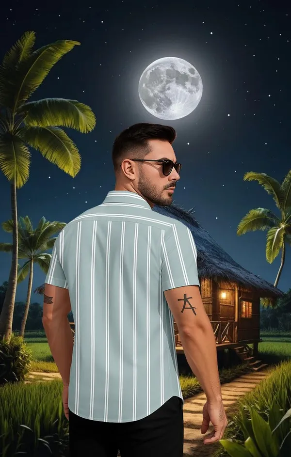 Green_Striped_Short_Sleeve_Button_Down_Shirt,_Casual_Beach_Style