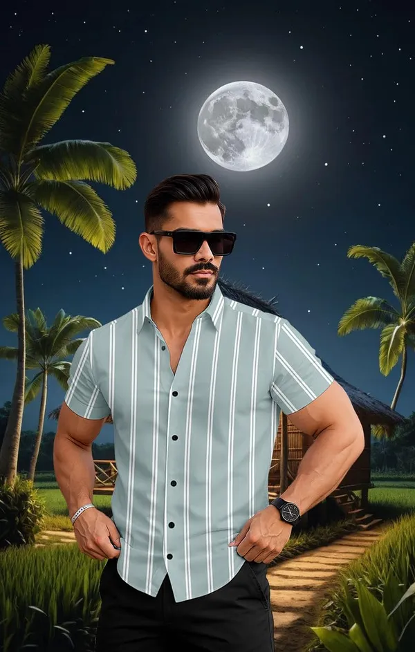 Green_Striped_Short_Sleeve_Button_Down_Shirt,_Casual_Beach_Style