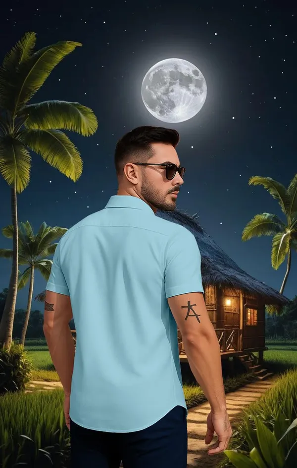 Blue_Tropical_Paradise_Hawaiian_Button_Down_Shirt,_Short_Sleeve,_Light_Blue_With_Palm_Tree_Print,_Beach_Night_Design