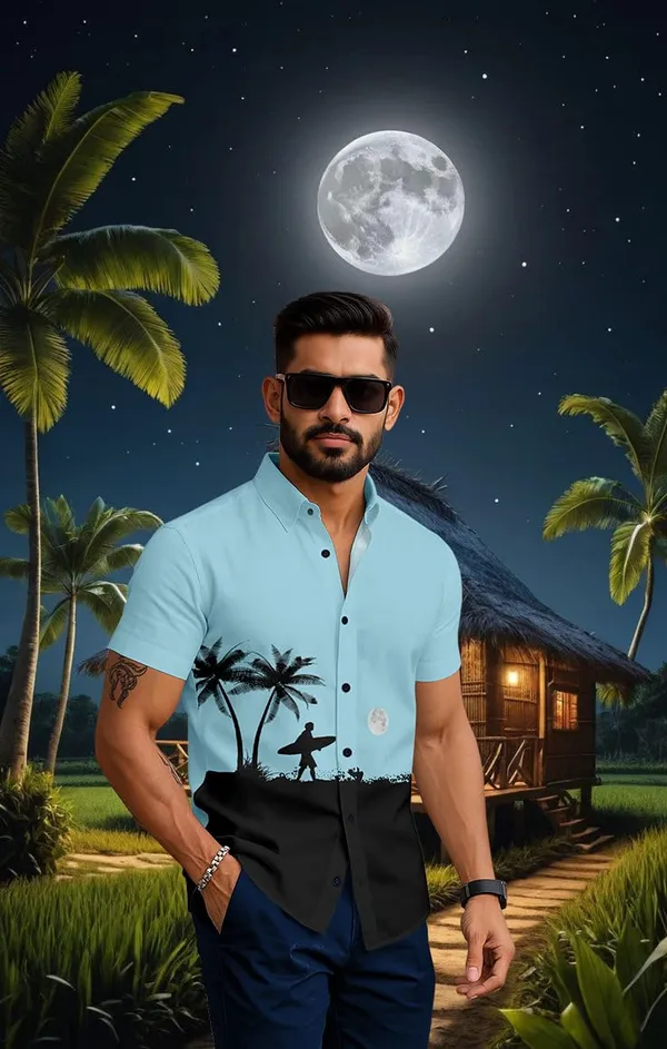 Blue_Tropical_Paradise_Hawaiian_Button_Down_Shirt,_Short_Sleeve,_Light_Blue_With_Palm_Tree_Print,_Beach_Night_Design