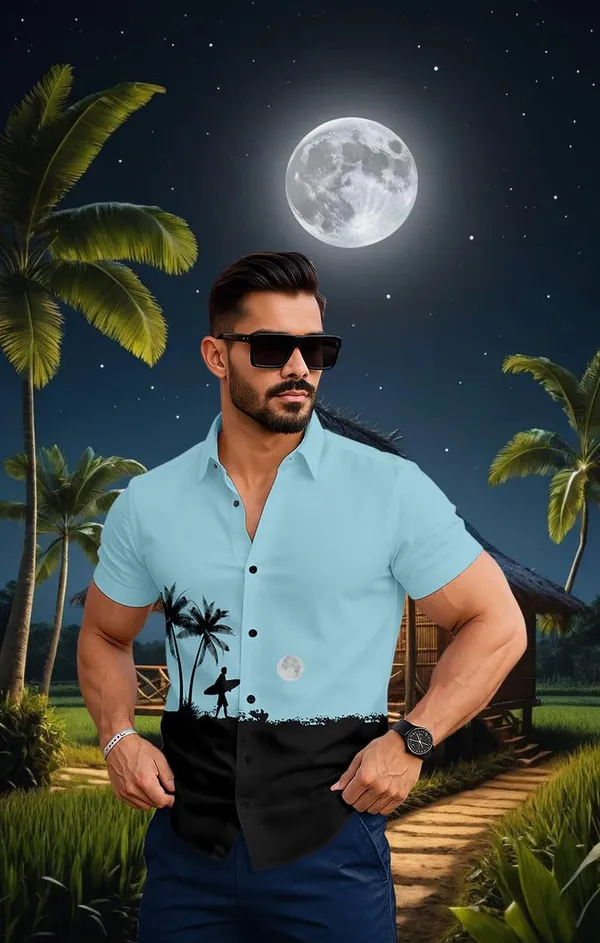 Blue_Tropical_Paradise_Hawaiian_Button_Down_Shirt,_Short_Sleeve,_Light_Blue_With_Palm_Tree_Print,_Beach_Night_Design