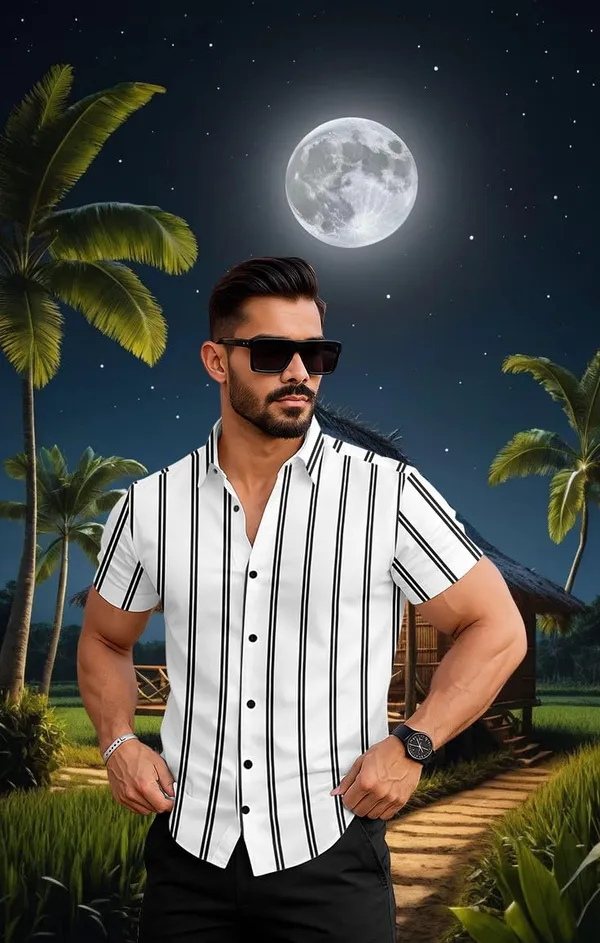 White_Striped_Short_Sleeve_Button_Down_Shirt,_Casual_Beach_Style