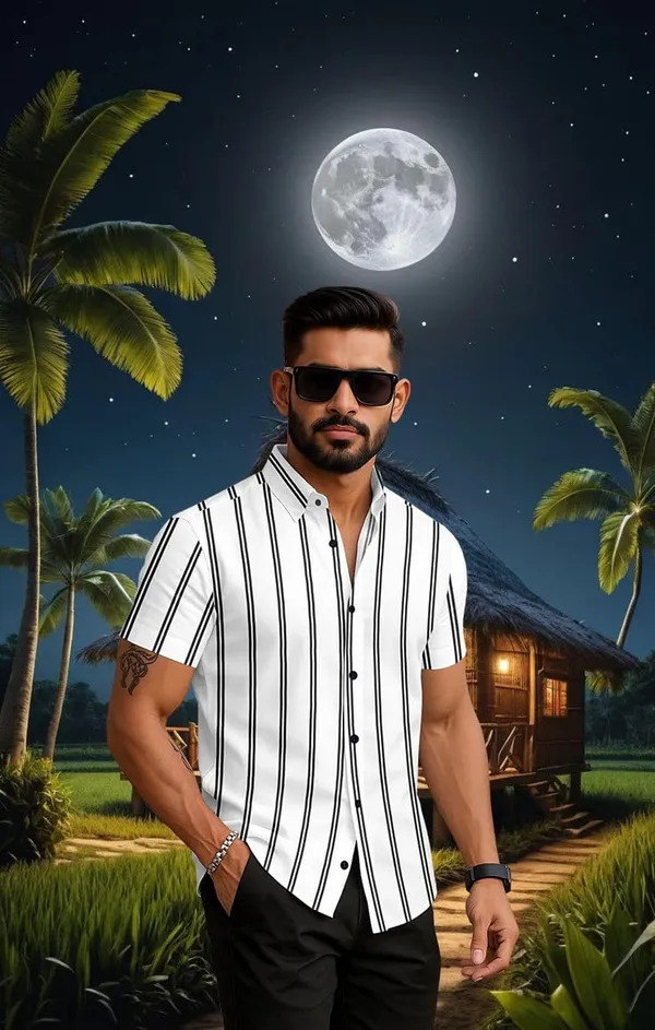 White_Striped_Short_Sleeve_Button_Down_Shirt,_Casual_Beach_Style