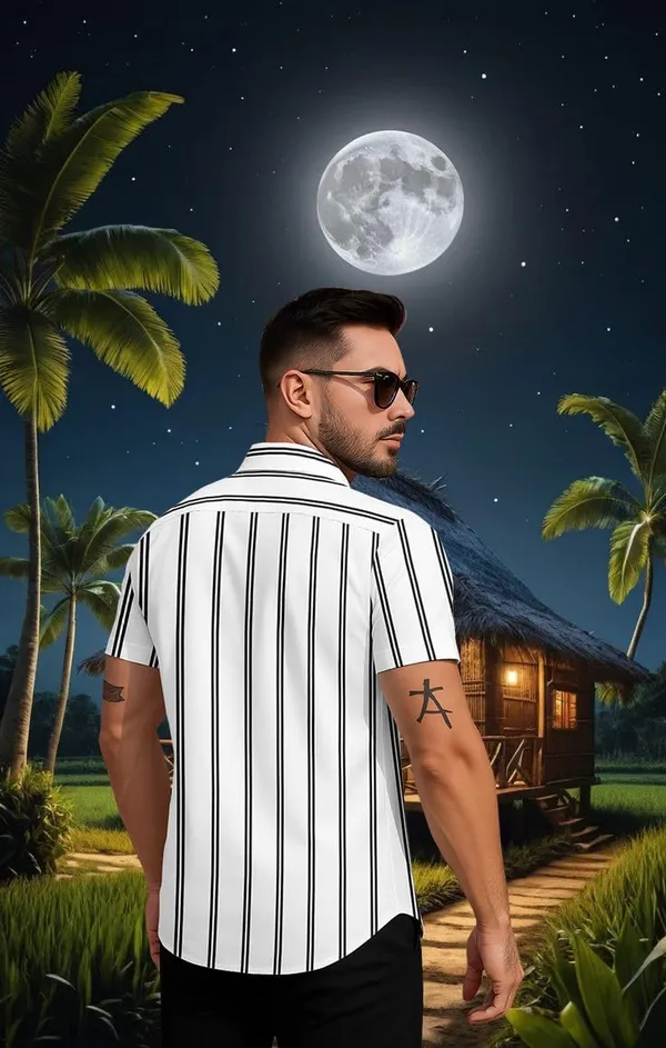 White_Striped_Short_Sleeve_Button_Down_Shirt,_Casual_Beach_Style