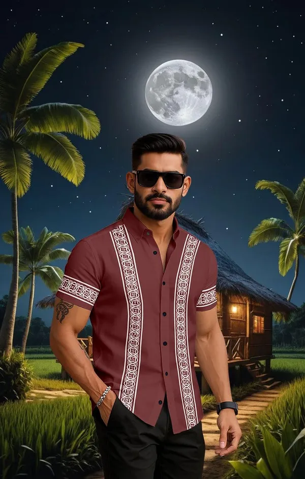 Maroon_Casual_Button-Down_Shirtwith_White_Geometric_Trim,_Short_Sleeve