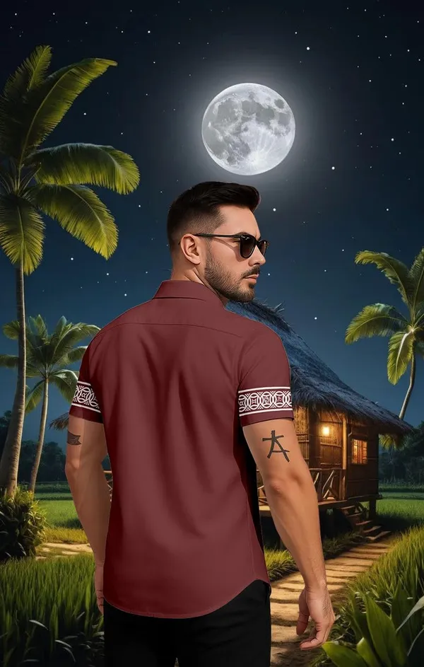 Maroon_Casual_Button-Down_Shirtwith_White_Geometric_Trim,_Short_Sleeve