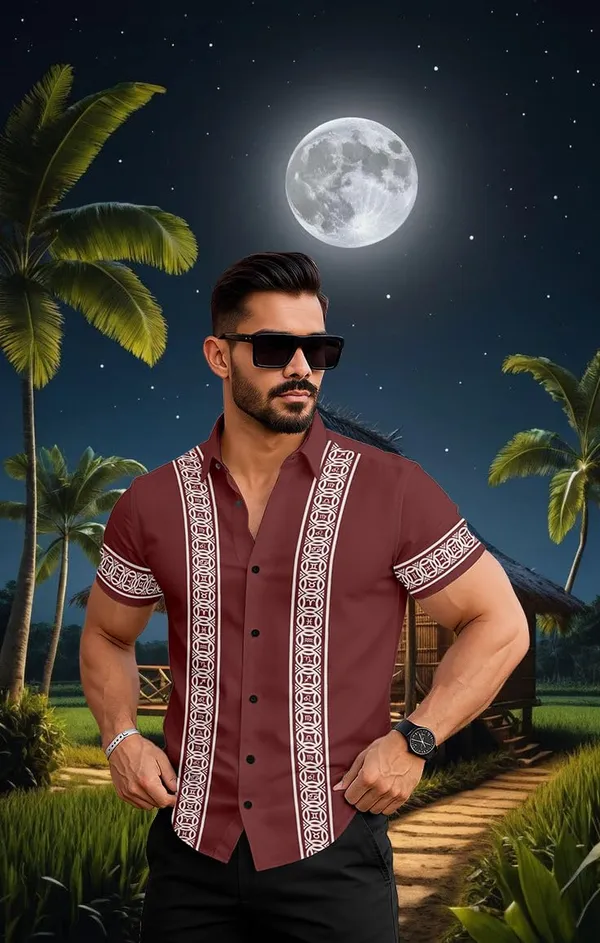 Maroon_Casual_Button-Down_Shirtwith_White_Geometric_Trim,_Short_Sleeve