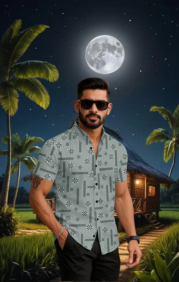 Green_Tropical_Print_Short_Sleeve_Button_Down_Shirt,_Light_Blue_Floral_Pattern,_Casual_Beach_Wear