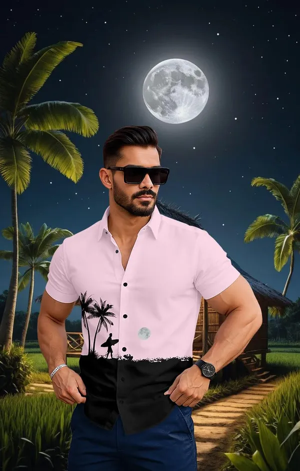 Pink_Tropical_Paradise_Hawaiian_Button_Down_Shirt,_Short_Sleeve,_Light_Blue_With_Palm_Tree_Print,_Beach_Night_Design