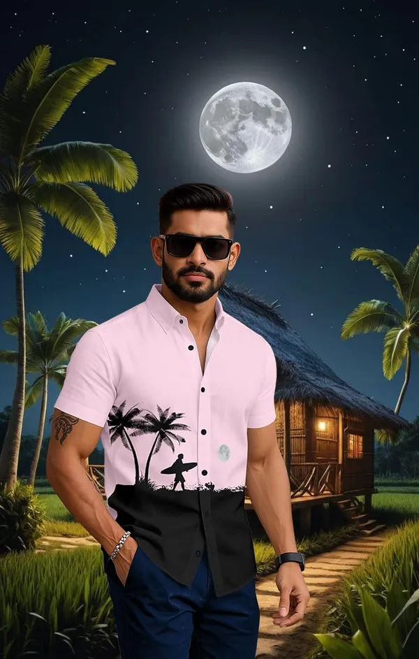 Pink_Tropical_Paradise_Hawaiian_Button_Down_Shirt,_Short_Sleeve,_Light_Blue_With_Palm_Tree_Print,_Beach_Night_Design