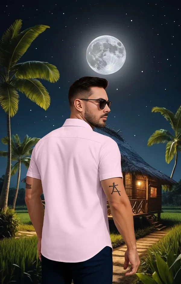 Pink_Tropical_Paradise_Hawaiian_Button_Down_Shirt,_Short_Sleeve,_Light_Blue_With_Palm_Tree_Print,_Beach_Night_Design