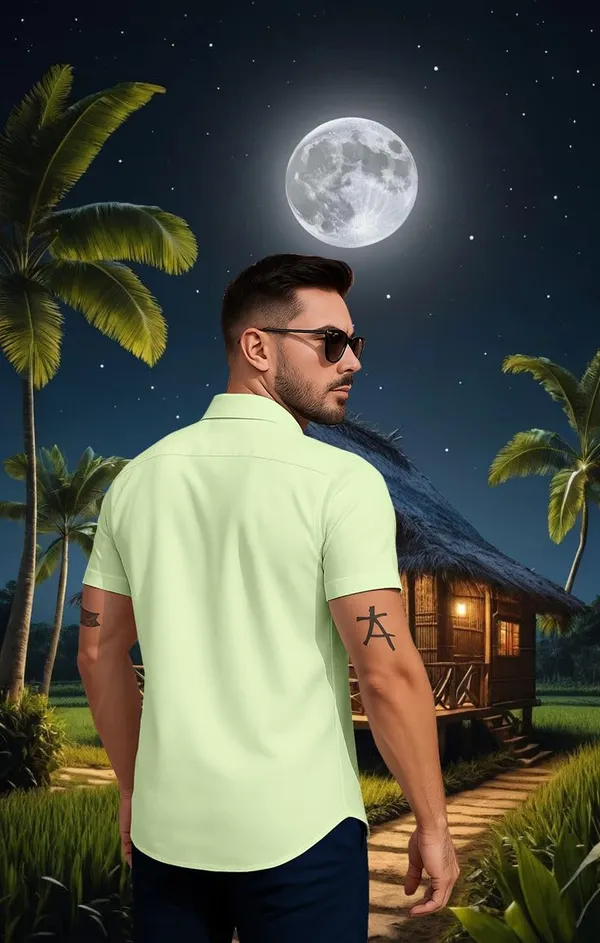 Parrot_Tropical_Paradise_Hawaiian_Button_Down_Shirt,_Short_Sleeve,_Light_Blue_With_Palm_Tree_Print,_Beach_Night_Design