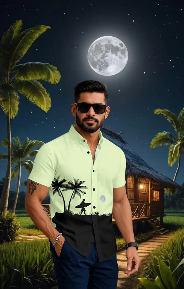Parrot_Tropical_Paradise_Hawaiian_Button_Down_Shirt,_Short_Sleeve,_Light_Blue_With_Palm_Tree_Print,_Beach_Night_Design