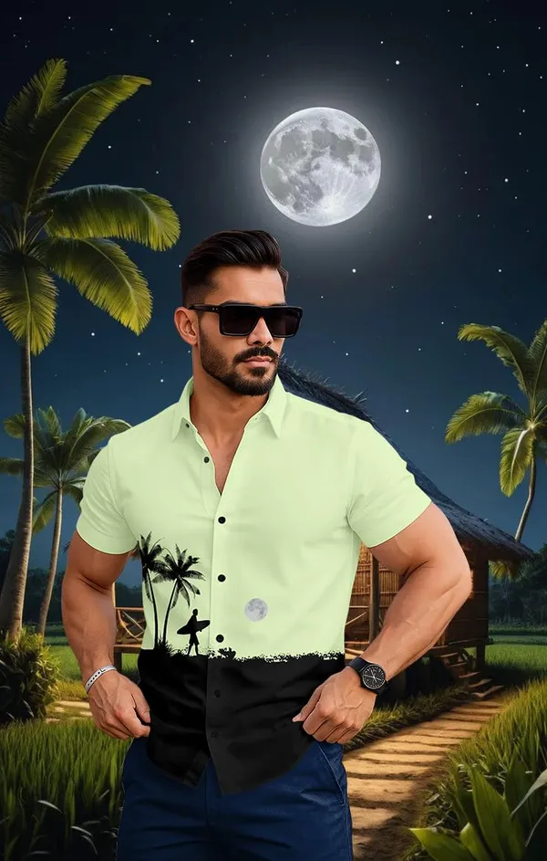 Parrot_Tropical_Paradise_Hawaiian_Button_Down_Shirt,_Short_Sleeve,_Light_Blue_With_Palm_Tree_Print,_Beach_Night_Design