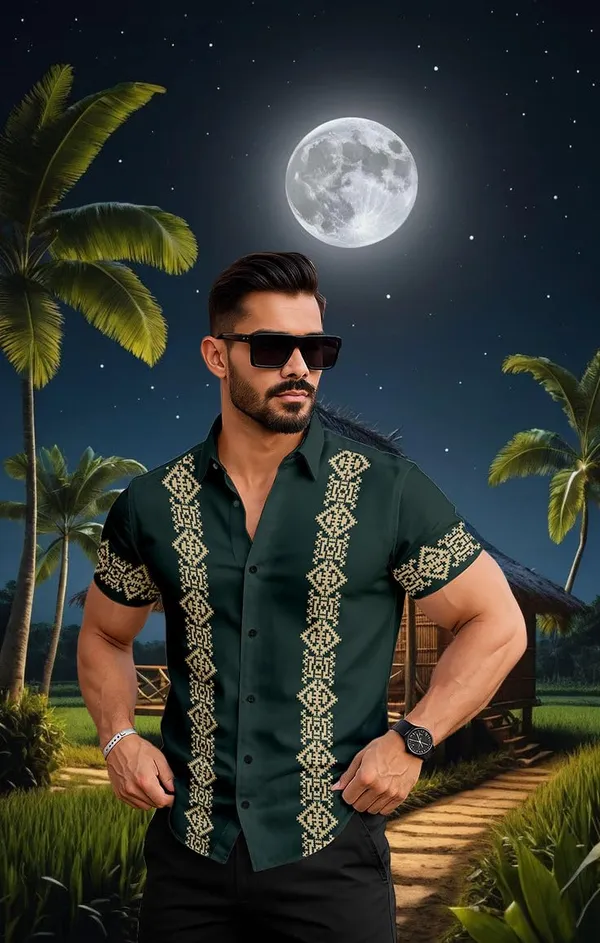 Green_Traditional_Embroidered_Short_Sleeve_Shirt,_Dark_Green_With_Gold_Pattern,_Casual_Button_Down
