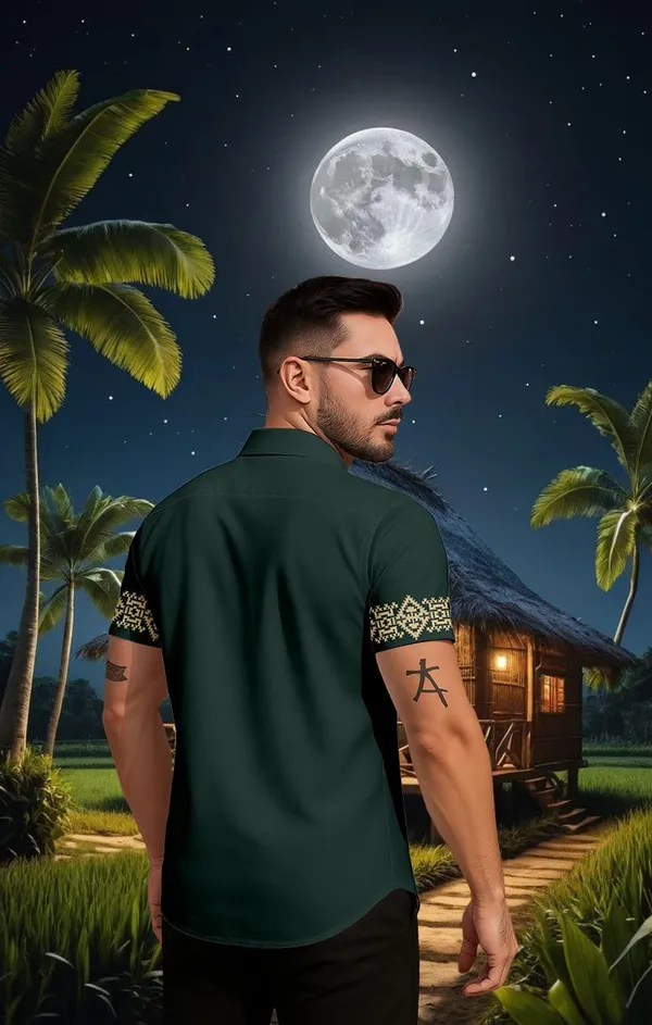Green_Traditional_Embroidered_Short_Sleeve_Shirt,_Dark_Green_With_Gold_Pattern,_Casual_Button_Down